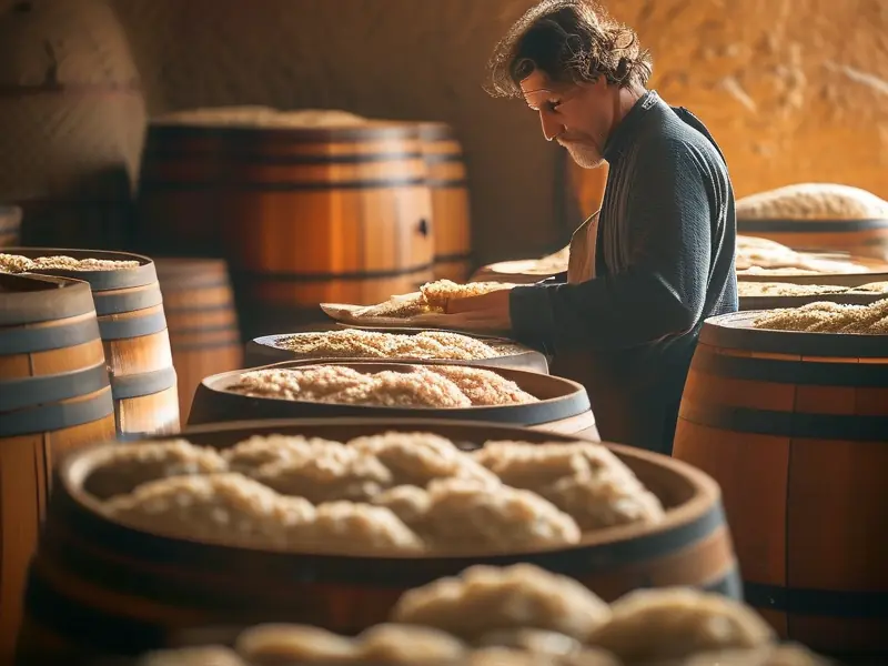 酿酒师检查酒曲发酵过程