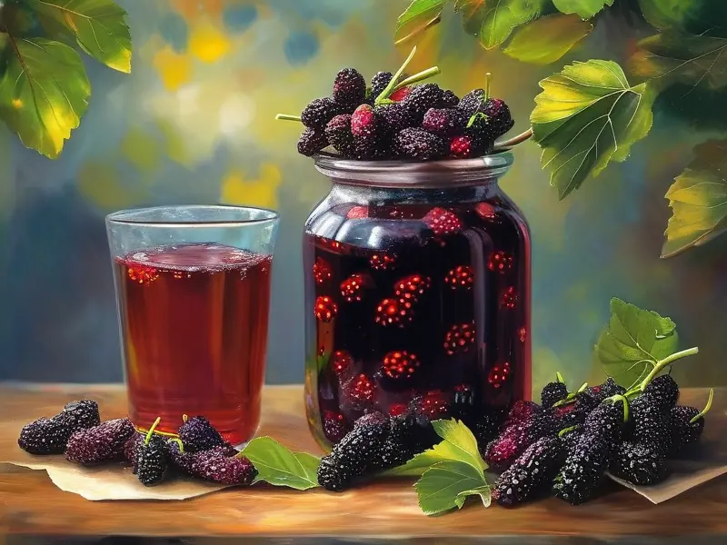 新鲜桑葚与自制桑葚酒对比图