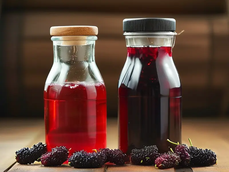 新鲜桑葚与酿造中的桑葚酒对比图