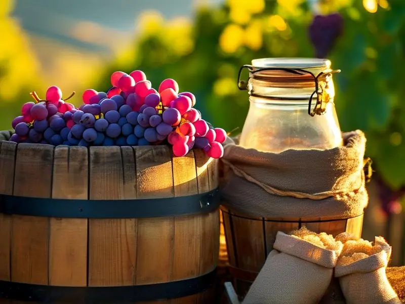 新鲜山葡萄和酿酒工具准备图