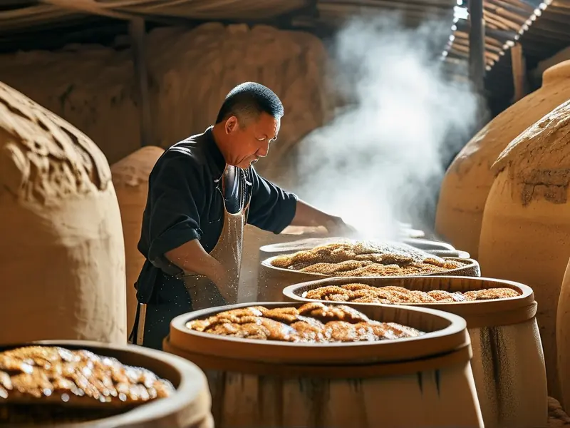 陕西传统酿酒师傅现场操作酒甑蒸粮场景