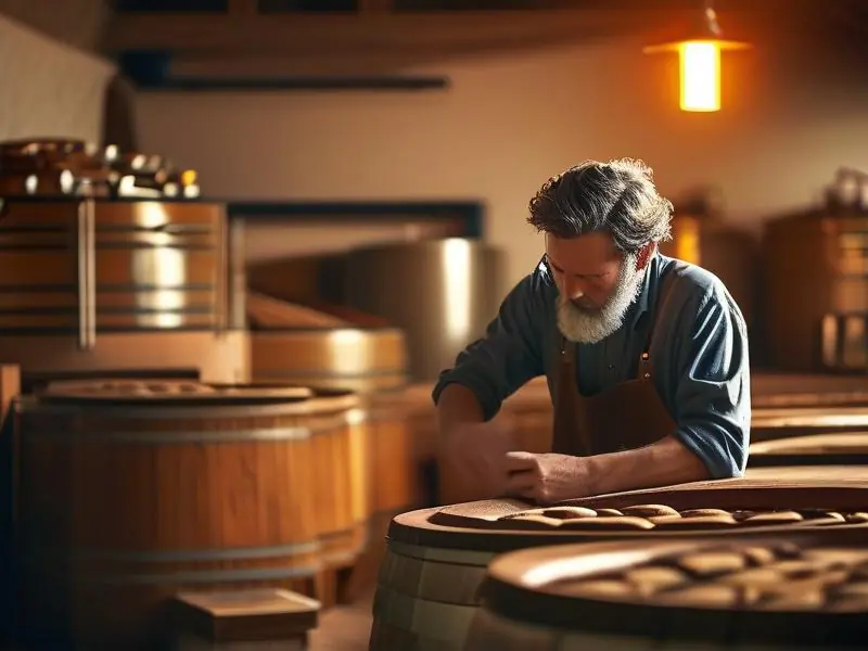 酿酒师检查发酵中的米酒，传统与现代酿酒设备结合