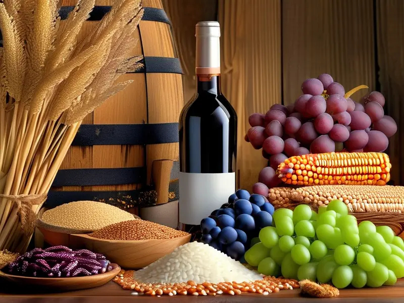 多种酿酒原料展示,包括粮食和水果,旁边有酿酒工具和成品白酒