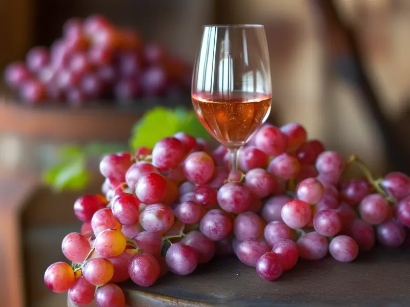 新鲜粉红葡萄在酒庄被压榨的特写，前景是一杯桃红葡萄酒