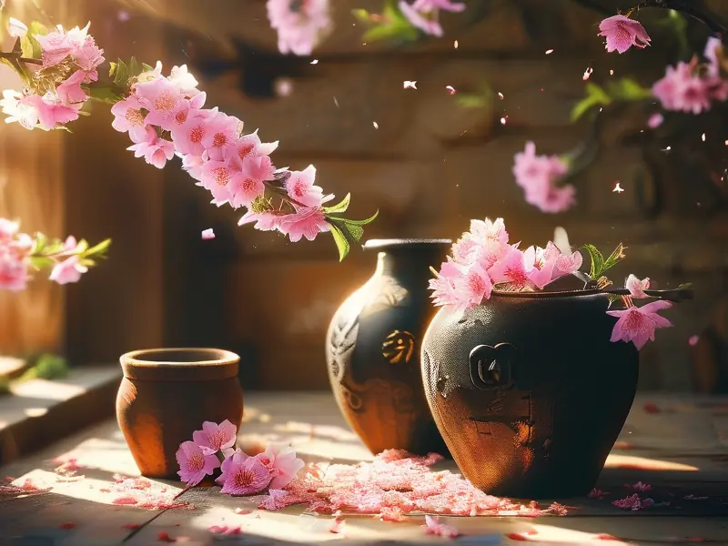 春日桃花酿作酒的制作场景
