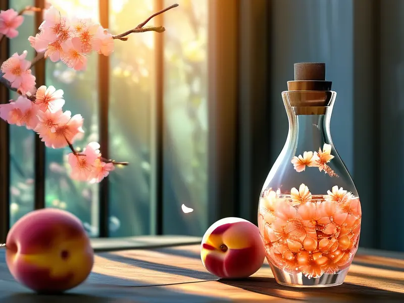 桃花酿酒成品展示，玻璃罐中盛满桃花酒，漂浮着新鲜桃花瓣