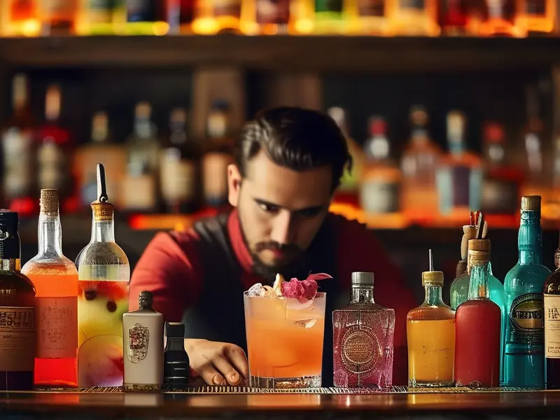 专业调酒师在酒吧调制鸡尾酒的场景