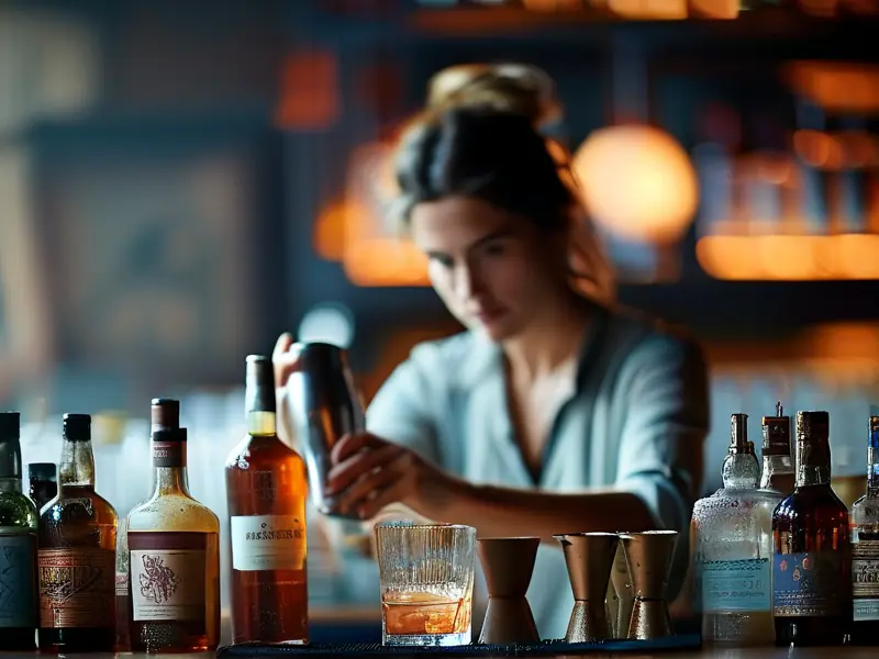 专业调酒师在调酒师技术学习班中示范鸡尾酒调制技巧