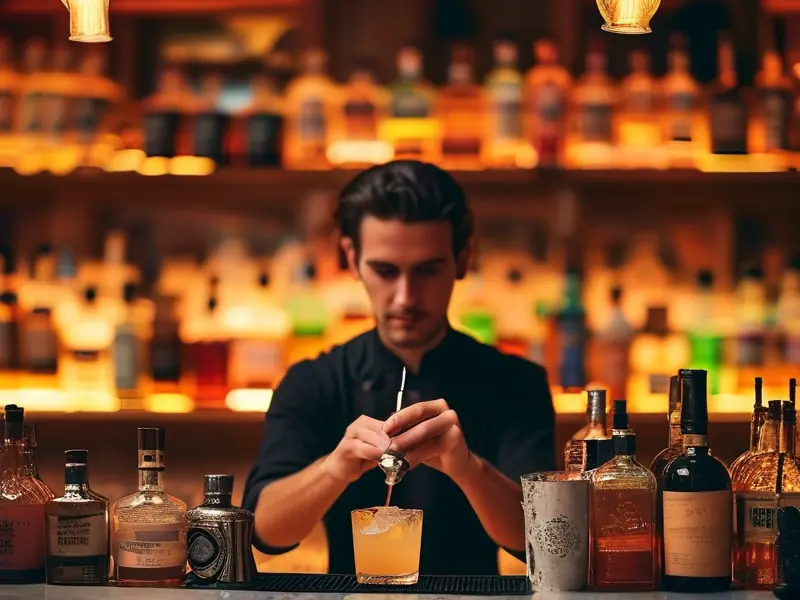 专业调酒师在吧台调制鸡尾酒