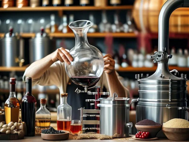 酿酒师使用专业设备提纯酒液