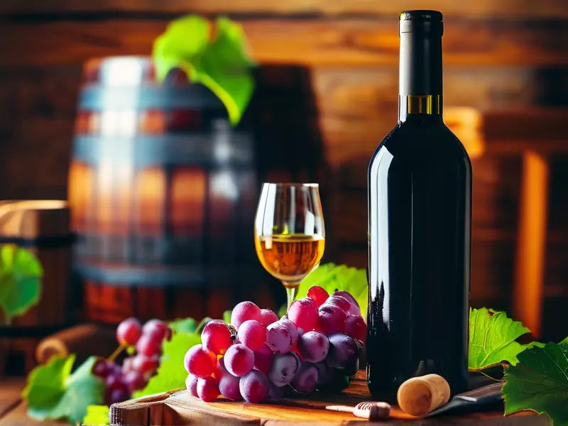 新鲜提子与葡萄酒瓶及酿酒工具