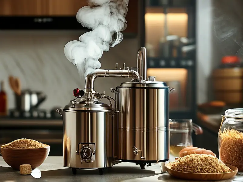 现代厨房中的微型家用酿酒设备工作场景