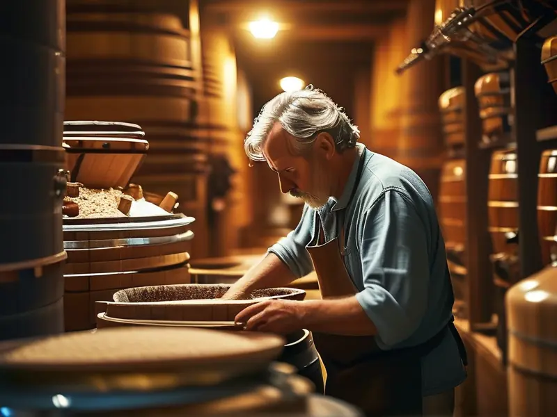 酿酒师在传统酿酒坊中检查酒醅