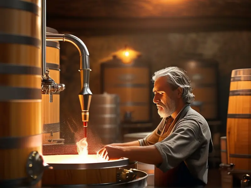 酿酒师在传统酿酒坊中操作烧酒蒸馏设备