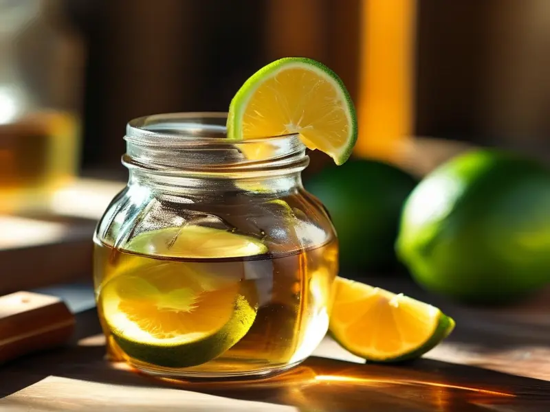 香橼切片与白酒在玻璃罐中浸泡的特写