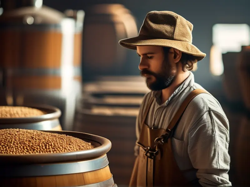 酿酒师检查小麦烧酒发酵过程