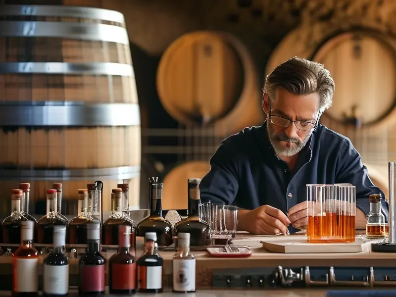 酿酒师勾调白酒的工作场景