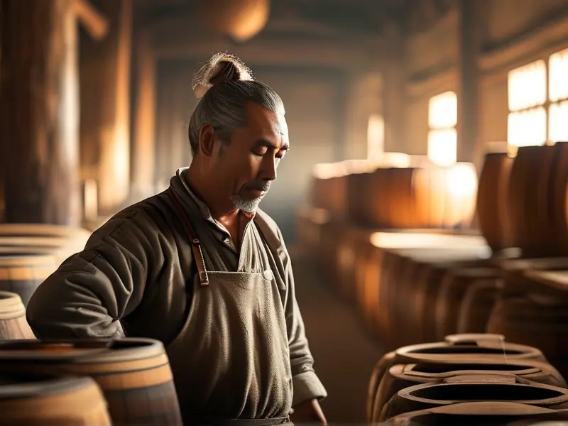 传统酿酒师傅检查燕潮酩酒发酵过程