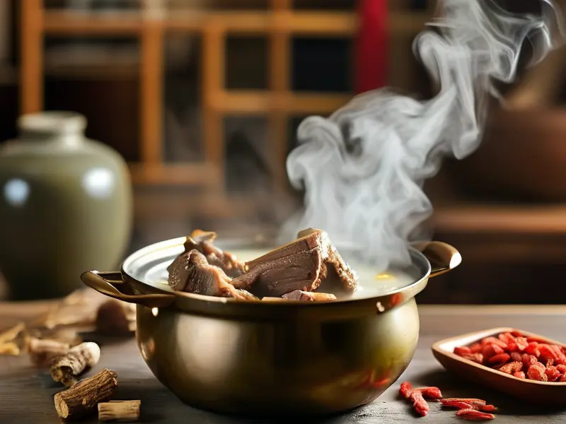 传统方法炖煮羊肉酒的过程展示