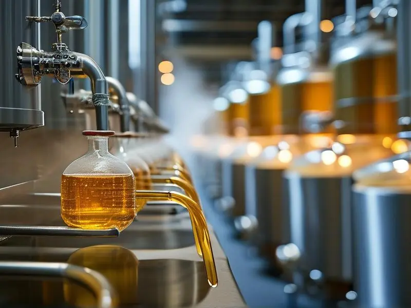 液态法白酒生产车间实景：发酵罐与蒸馏设备工作状态