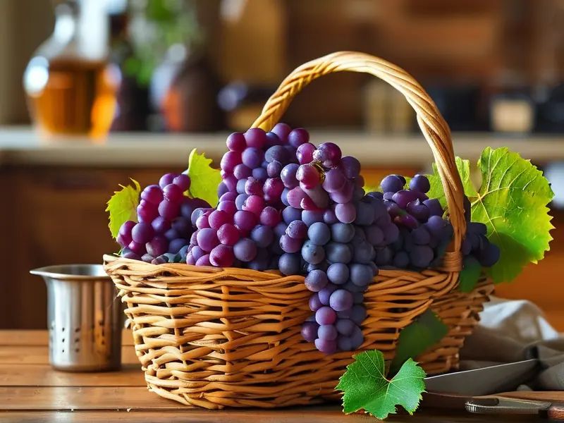 新鲜野生葡萄和酿酒工具准备