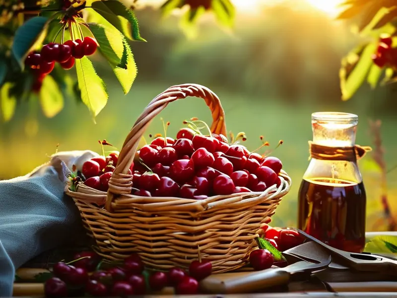 新鲜野生小樱桃和酿酒工具