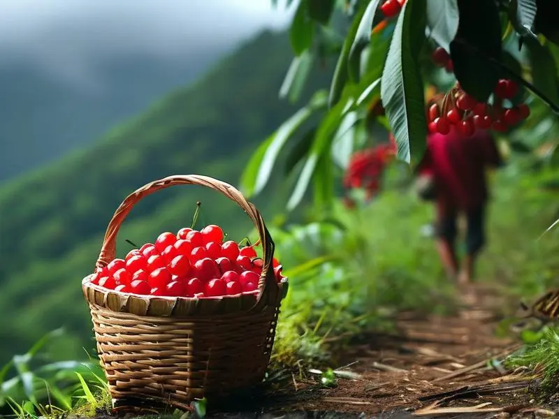 山间采摘野生樱桃实景图