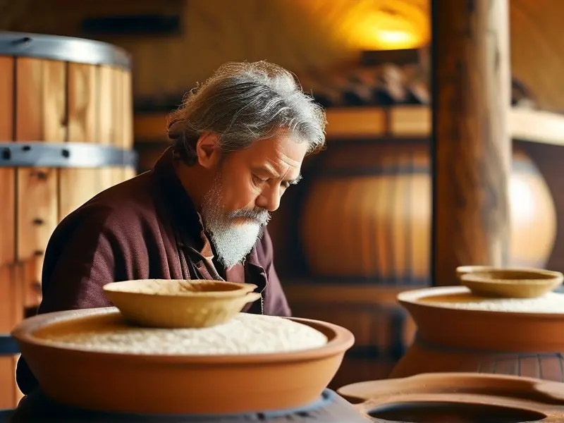 老师傅检查高粱酒发酵状态