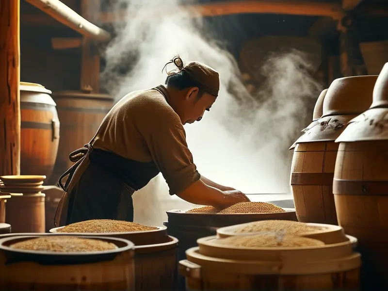 传统酿酒工艺中蒸煮谷物的场景