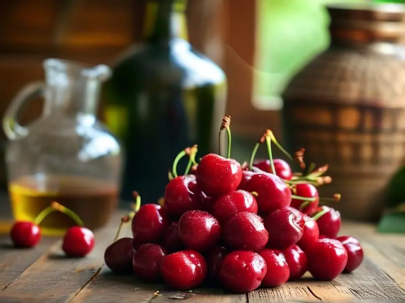 新鲜樱桃和酿酒工具准备酿造樱桃酒