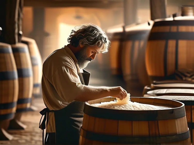 酿酒师用酒曲发酵米酒的过程