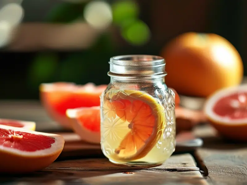 柚子切片与白酒在玻璃罐中浸泡的特写照片
