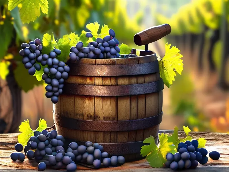 传统木桶中正在发酵的葡萄醪液