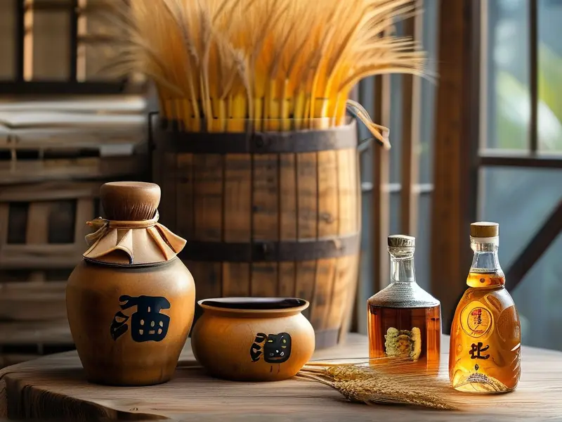 传统玉米小麦酿酒原料与成品展示