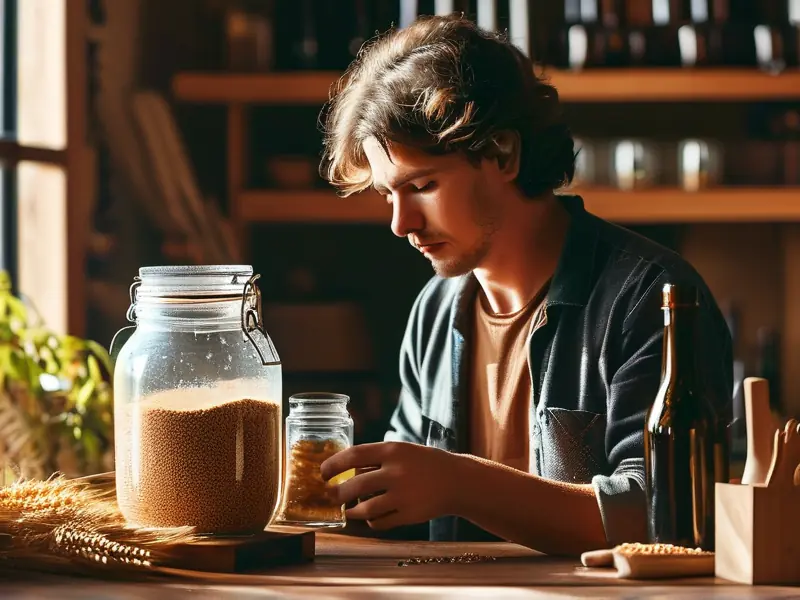 初学者在家学习酿酒技术的实际操作场景