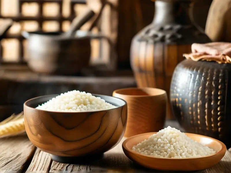 家庭自制糯米酒的成品与原料展示