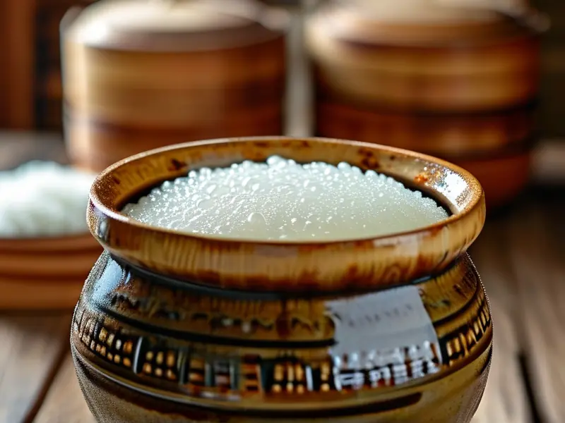 传统方法发酵中的糯米酒糟特写