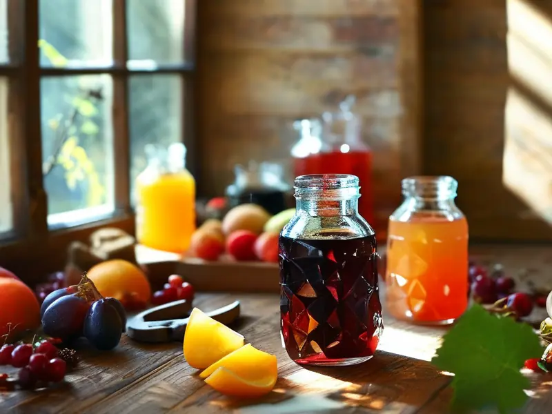 家庭自制果酒成品展示与原料工具