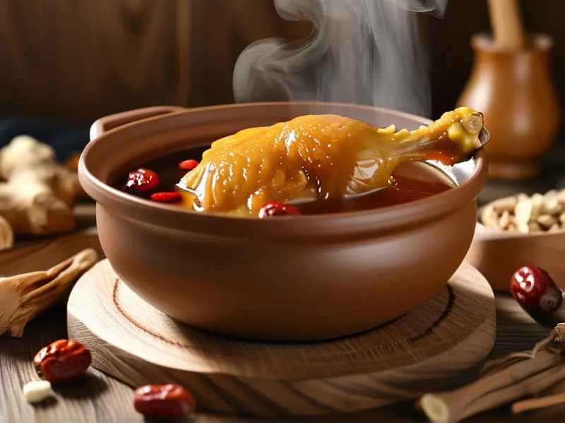 传统方法煮制的滋补鸡酒特写
