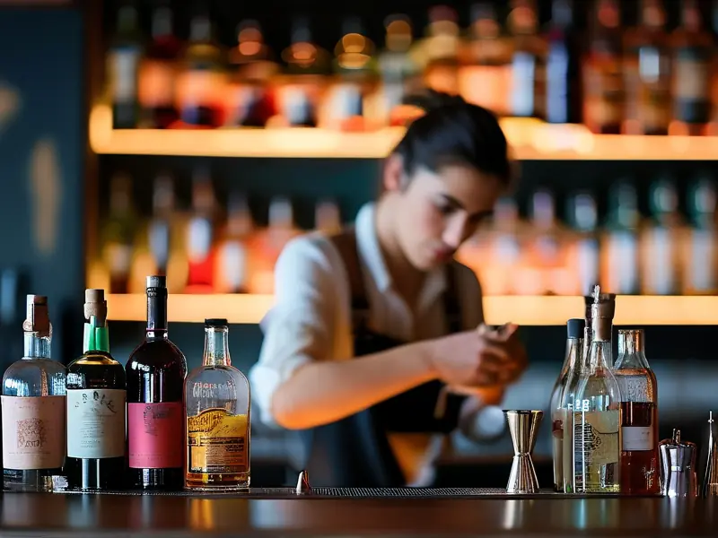专业调酒师在吧台调制鸡尾酒
