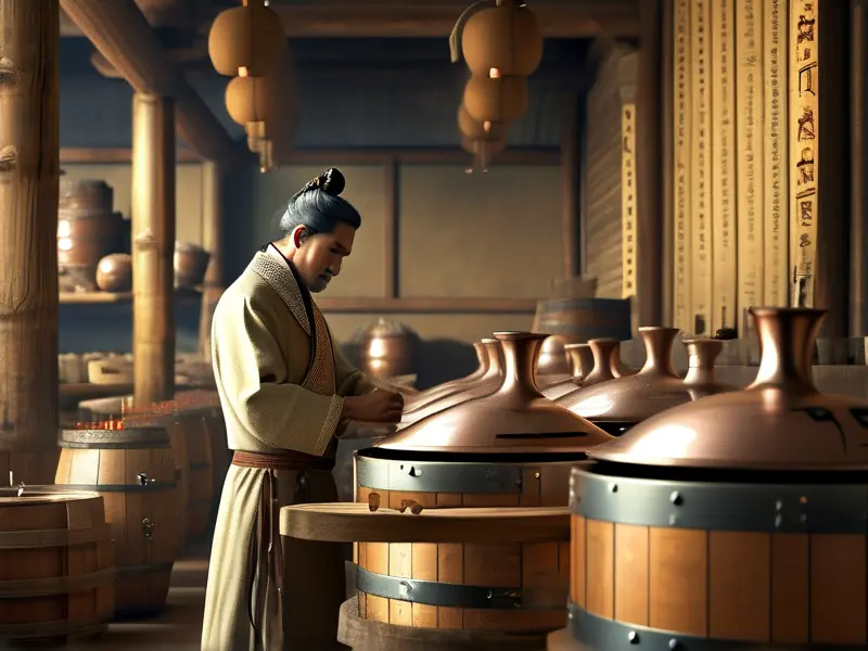 古代蒸馏法酿酒场景复原图