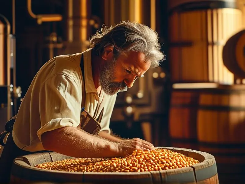 酿酒师检查整粒玉米发酵过程