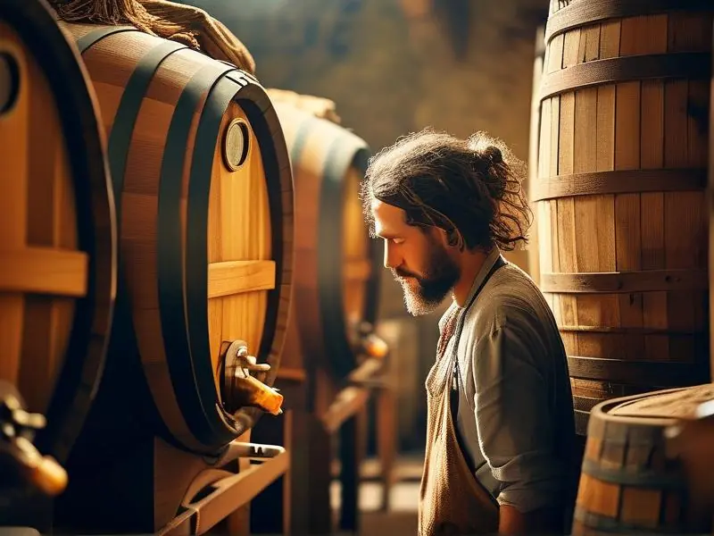 传统酿酒工人检查发酵过程