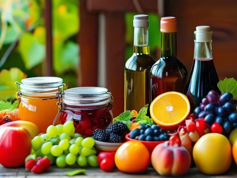 新鲜水果与酿酒器具摆放于木桌准备制作果酒