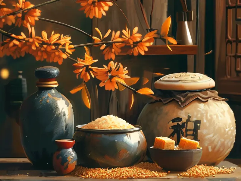 中秋节家庭自制桂花酒原料与器具展示