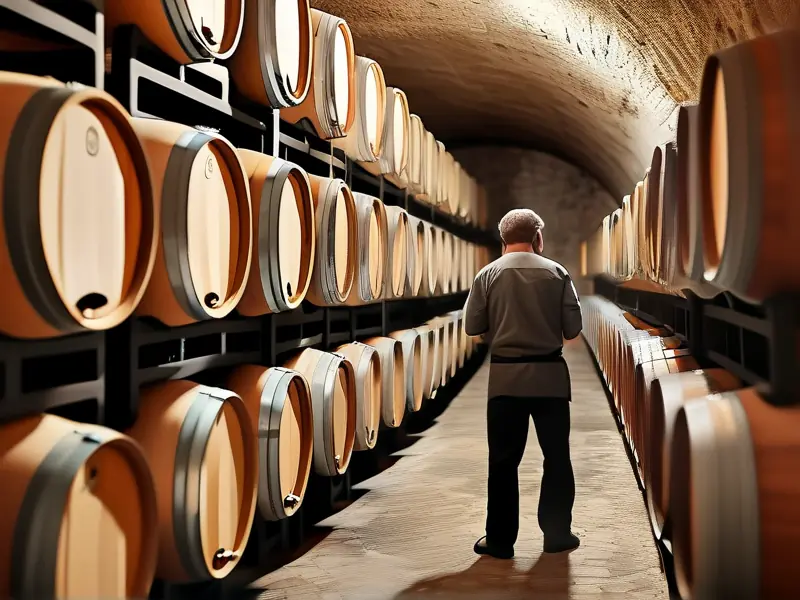 酿酒师检查地窖中储存的自酿纯粮食酒