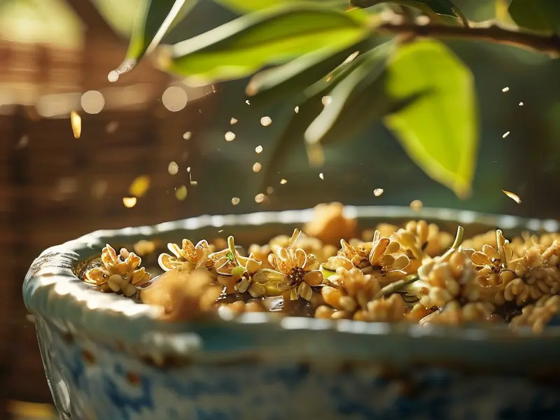 传统手工酿制的桂花酒特写与原料处理场景