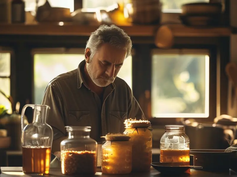 家庭酿酒爱好者正在检查自制米酒的发酵情况