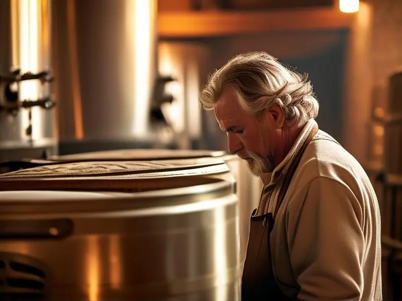 酿酒师检查自酿白酒蒸馏过程