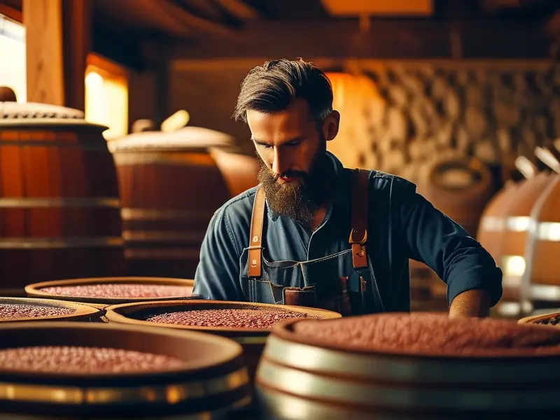 酿酒师检查发酵酒醅的传统酿酒过程